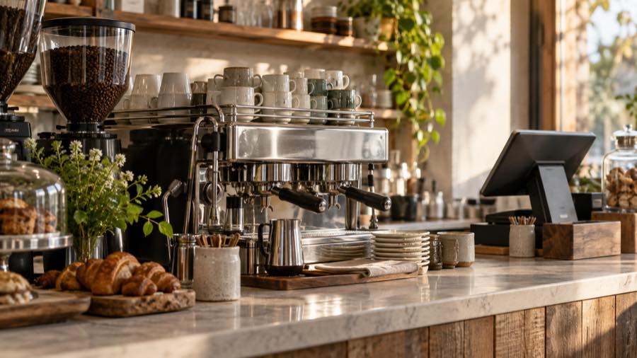 Mostrador de café de especialidad con máquina de espresso y pocillos