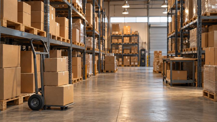 Depósito ordenado de una distribuidora con estanterías, cajas y carretilla
